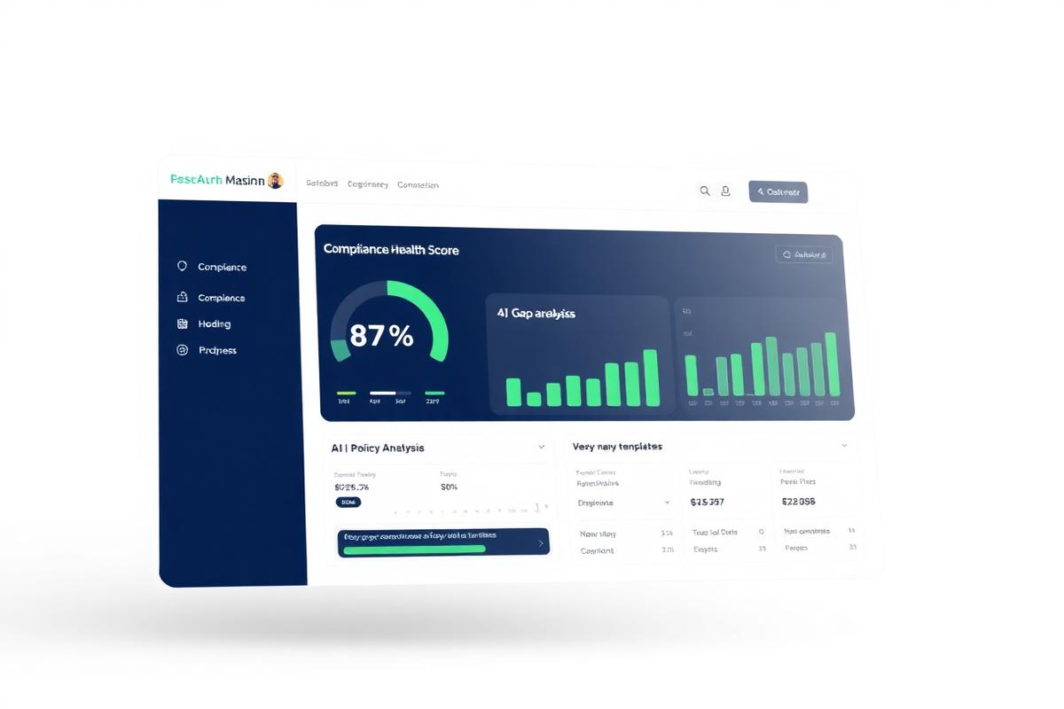 ComplyEasy compliance dashboard showing health score, AI gap analysis, and policy templates